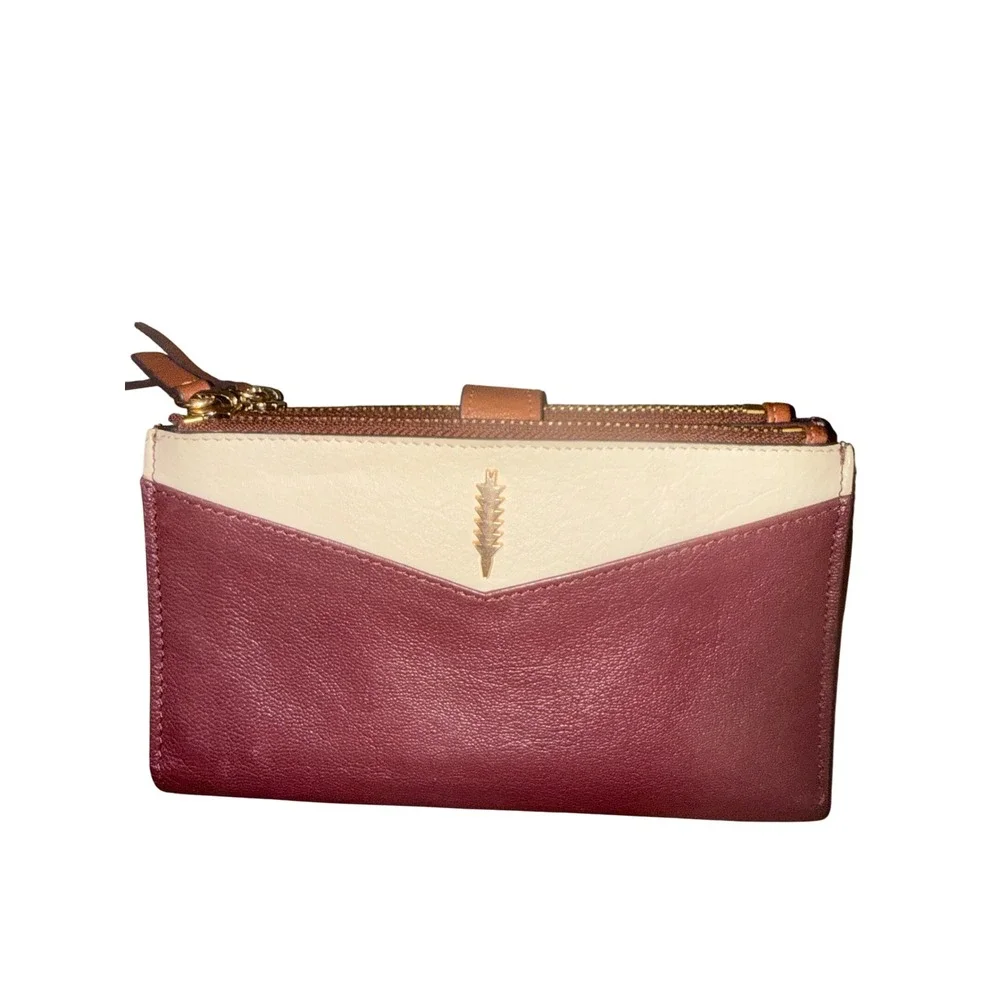 Thacker Leather Bifold Wallet Burgundy Cream Tan Gold Arrow Logo Zip Pouch